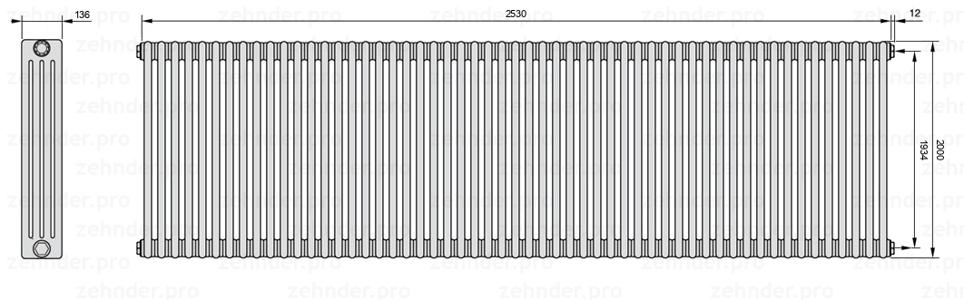 Схема (чертеж) Радиатор Zehnder Charleston 4200/55 №7610 Белый глянцевый RAL 9016